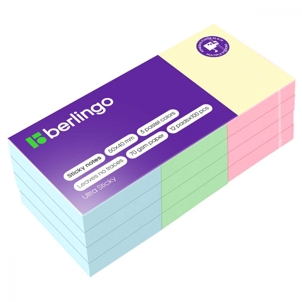 Блок 50*40 Berlingo Ultra Sticky 12 блоков по 100л., 3цв., клейкий, пастель (LSn_39001)(1/30)