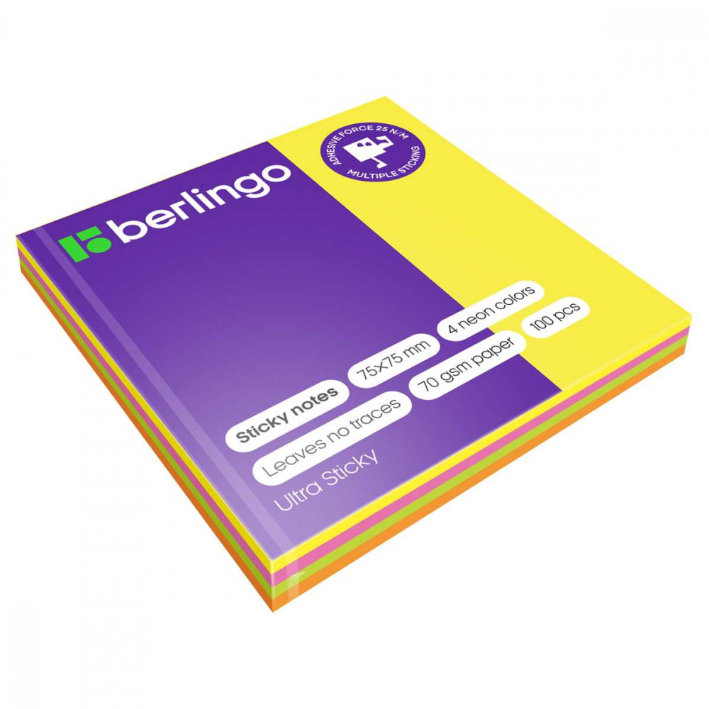 Блок 75*75 Berlingo Ultra Sticky 100л., 4цв., клейкий, неон (LSn_39602)(1/12/120)