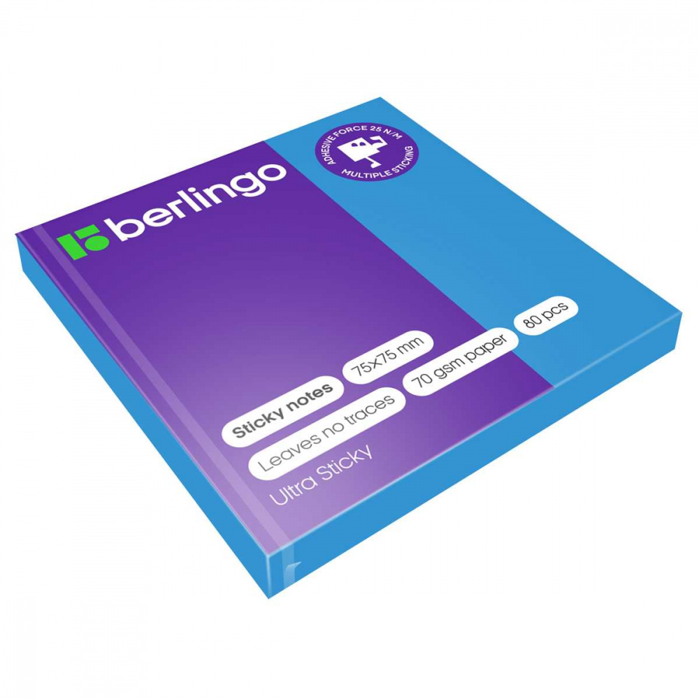 Блок 75*75 Berlingo Ultra Sticky 80л., клейкий, синий неон (LSn_39202)(1/12/120)